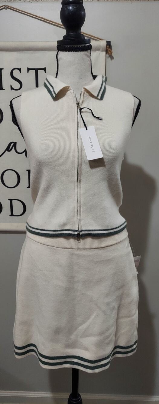 NWT Pink Rose Preppy Knit 2-Piece Set Skirt & Double Zip Vest Top Size L Luxury